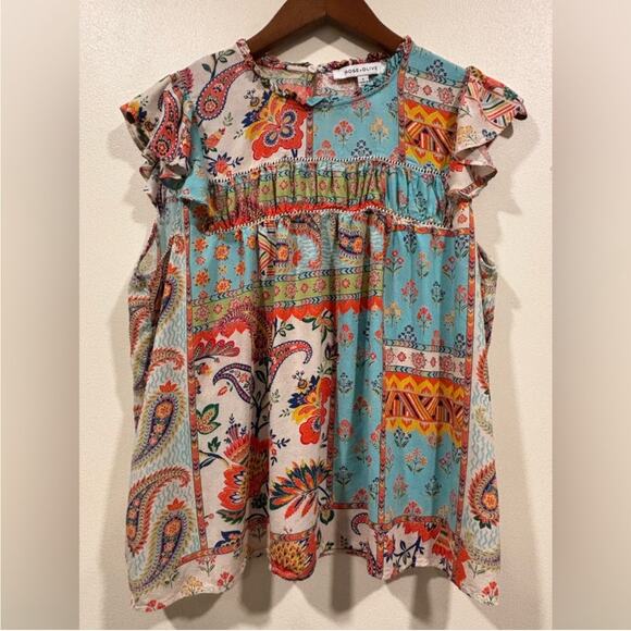MSRP $59 Rose and Olive Floral Paisley Boho Blouse in Rayon Size L | QUICK SHIP - Picture 1 of 7